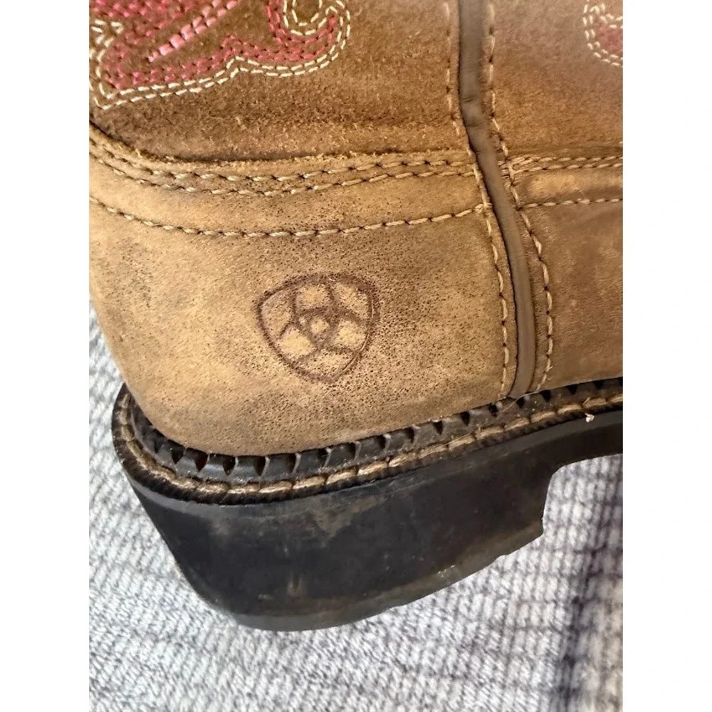 Ariat Girls Fatbaby Brown Leather Pink Embroidery Western Cowboy Boots Round Toe